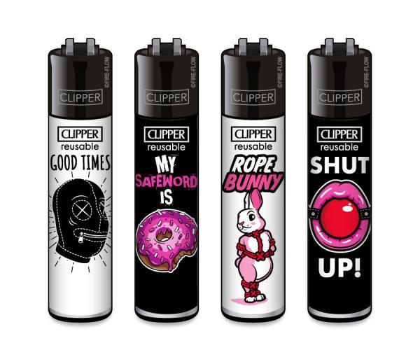 Clipper CLASSIC Large – Slogan #35 4er Set mit Good Times, My Safeword is…, Rope Bunny und Shut Up; nachfüllbar, Softflame, Stopfhilfe.